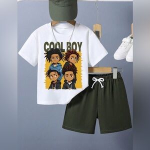 White Graphic Tee and Green Shorts Set